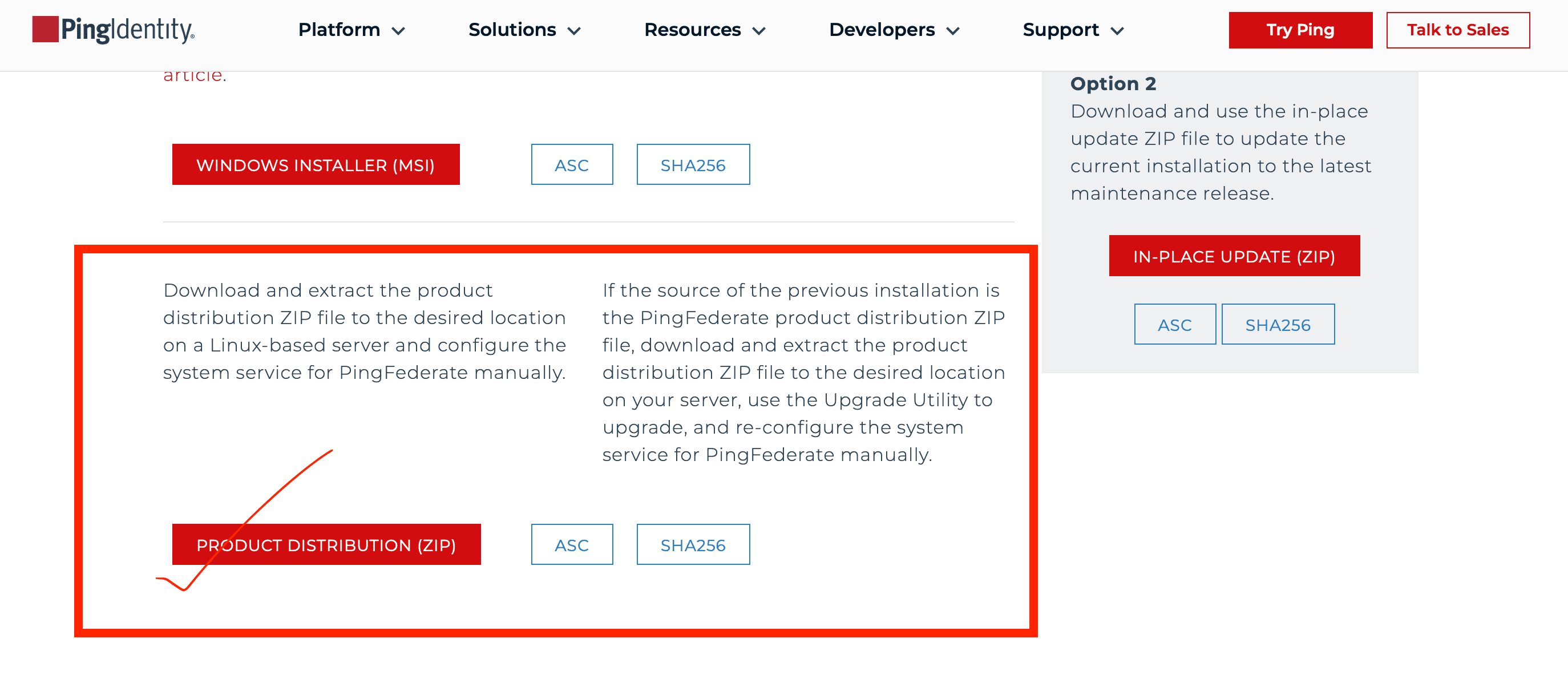 Ping Identity Download Center showing Product Distribution ZIP download button for PingFederate