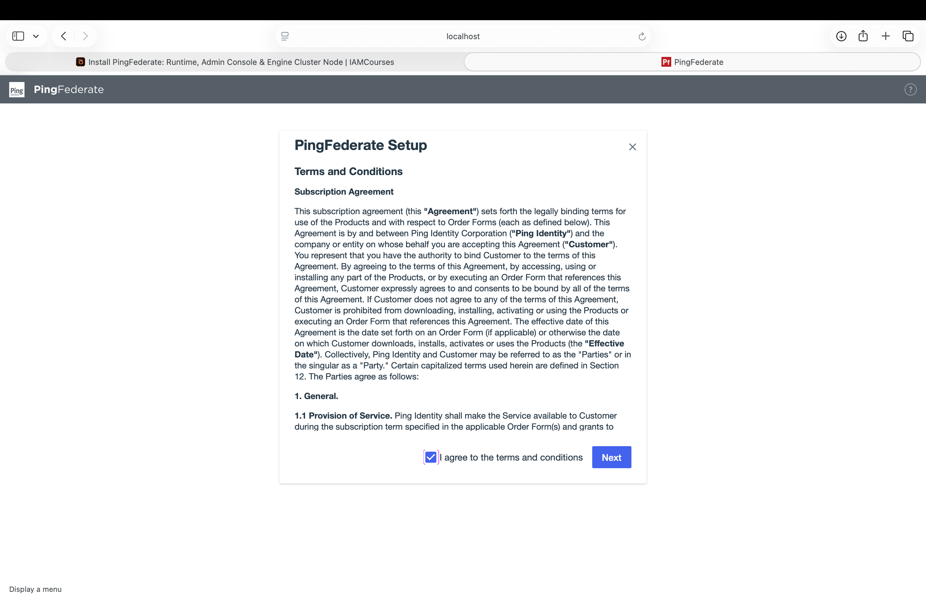 PingFederate Setup modal showing Subscription Agreement Terms and Conditions checkbox and Next button