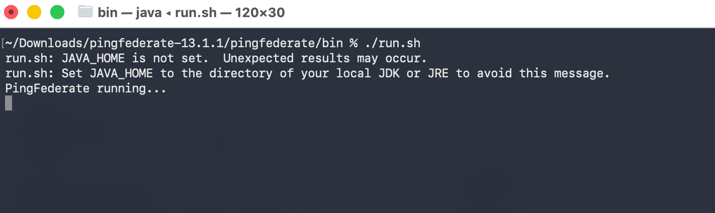Terminal output showing './run.sh' launch and 'PingFederate running...' status message